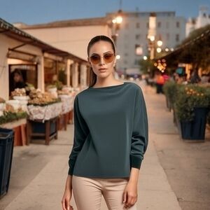 ZARA Trafaluc Womens Sweatshirt L Green Crewneck Faux Fur Trim Long Sleeve VG